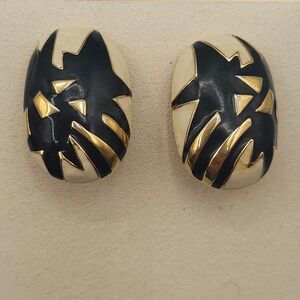 VTG Earrings Monet Signed Clip On Black Gold Retro 80s Fashion Party Stmt Bold